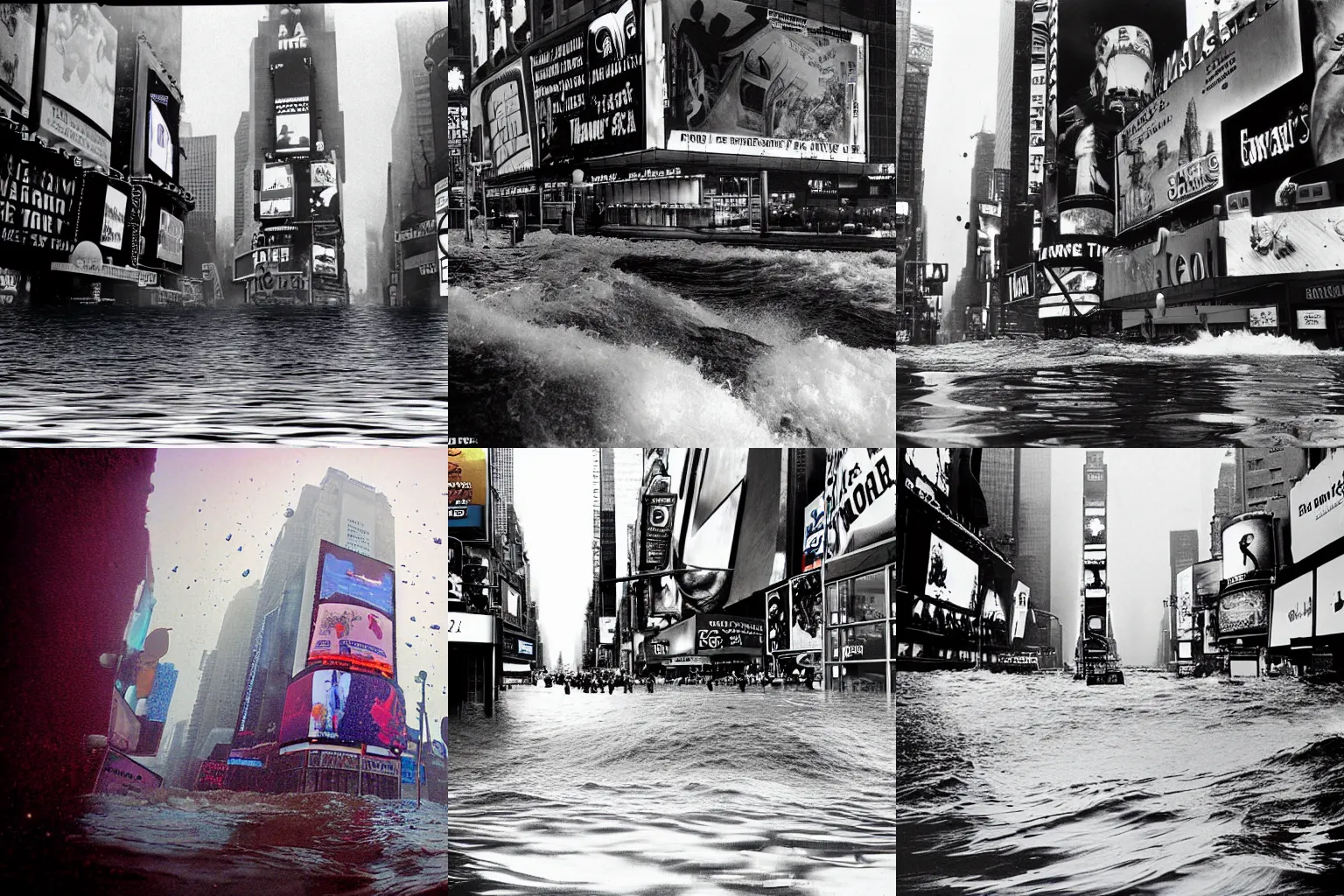 Prompt: underwater photograph of Times Square that has been flooded by a tidal wave