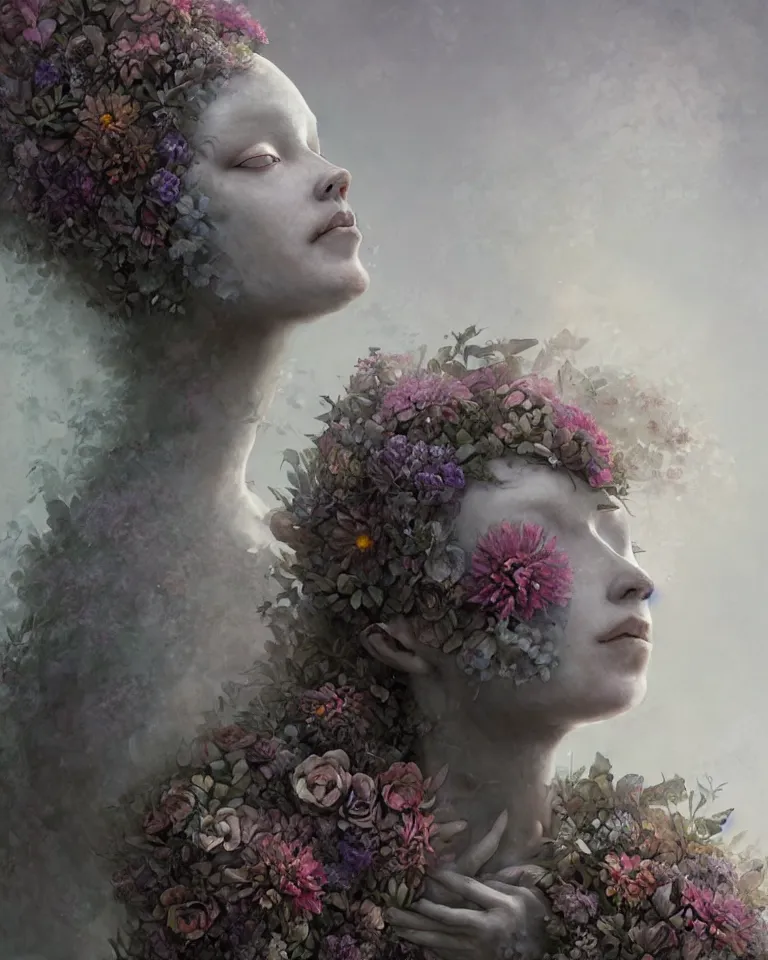 Image similar to front view of an beautiful ethereal female made of concrete and flowers turning into mist, Andrew Ferez, Charlie Bowater, Marco Mazzoni, Seb McKinnon, Ryohei Hase, trending on cgsociety, featured on zbrush central, new sculpture, mystical