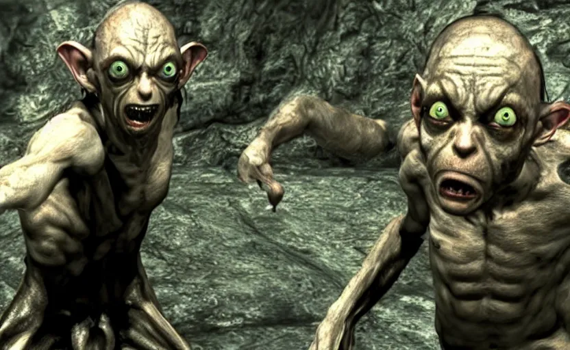 Image similar to a screenshot of gollum in metal gear solid 3,