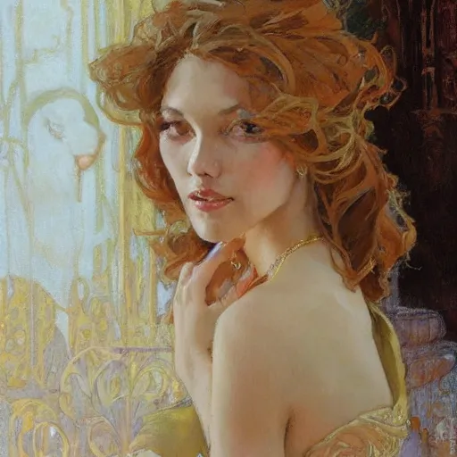 Image similar to portrait of a beautiful woman, intricate, elegant, highly detailed, by gil elvgen, greg manchess, mucha