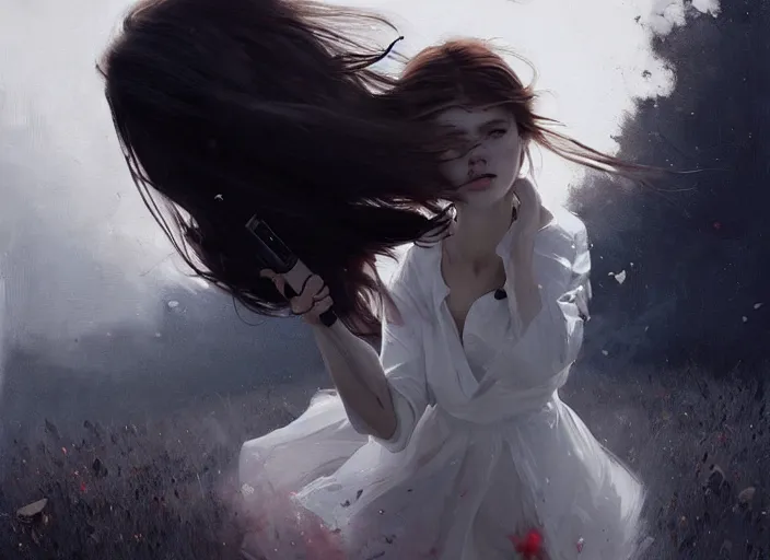 Image similar to white dress girl chasing from crazy grim reaper, holding a gun, messy hair, messy lines, scared face, beautiful and aesthetic and attractive, dramatic situation, specular reflection, occlusion shadow, intricate, bokeh, by ilya kuvshinov and jeremy lipking and quentin mabille