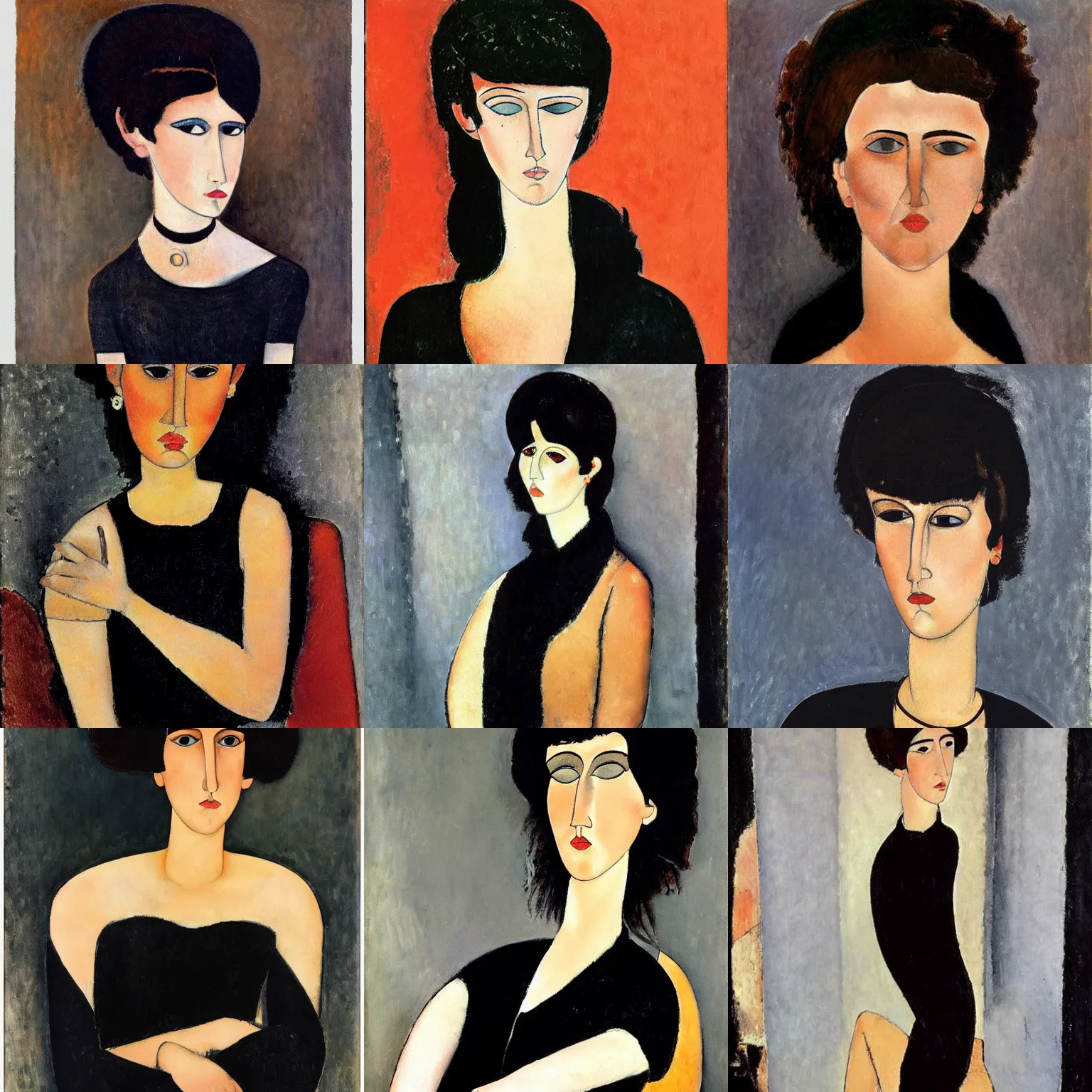 Prompt: an emo by amedeo modigliani. her hair is dark brown and cut into a short, messy pixie cut. she has large entirely - black eyes. she is wearing a black tank top, a black leather jacket, a black knee - length skirt, a black choker, and black leather boots.