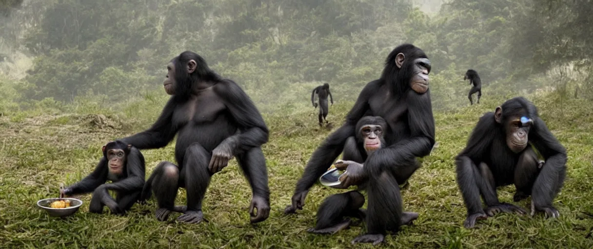 Prompt: Atmospheric still from BIG MONKEY MOUNTAIN (2022) depicting the chimpanzees meeting with the Macaroni and Cheese King