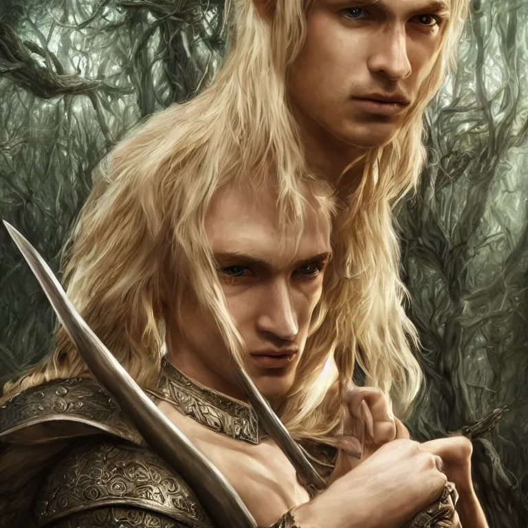 Image similar to elvish blonde male warrior, magical forest, lord of the rings style, realistic, full body, fantasy, sharp focus, 8 k high definition, character portrait, portrait, concept art, insanely detailed, intricate, elegant