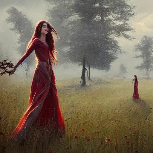 Image similar to a woman with long hair and with red long dress balancing with wind on a lawn, with weeds and some trees, highly detailed, illustration, fantasy art, in the style of greg rutkowski, epic, fantasy, intricate, hyper detailed, artstation, concept art, smooth, sharp focus, ray tracing