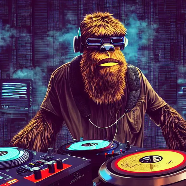 Prompt: a portrait of an anthropomorphic cyberpunk bigfoot dj at the turntables, detailed render, tape deck, boombox, headphones, epic composition, cybernetics, 4 k realistic, cryengine, realistic shaded lighting, sharp focus, masterpiece, by matteo scalera, gary montalbano, peter elson in the style of the tokyo ghost comic