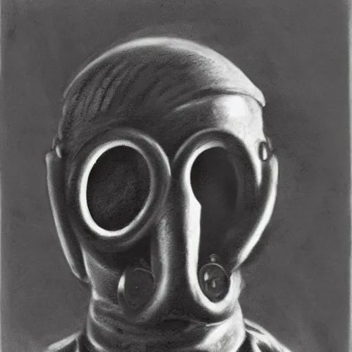 Image similar to charcoal portrait of a ww 1 soldier waering a gas mask