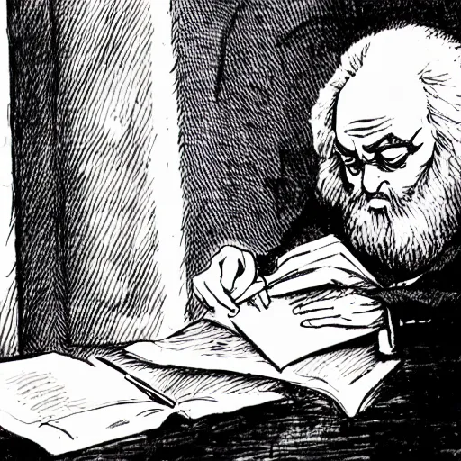 Prompt: karl marx writing in a death note, anime