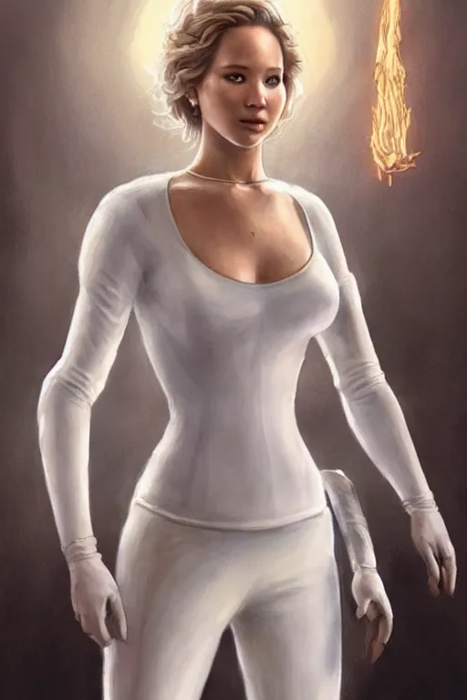 Image similar to Jennifer Lawrence as Queen wearing a White Outfit, anatomy, only two hands, highly detailed, digital painting, artstation, concept art, smooth, sharp focus, illustration, Unreal Engine 5, 8K, art by art by artgerm and greg rutkowski and edgar maxence