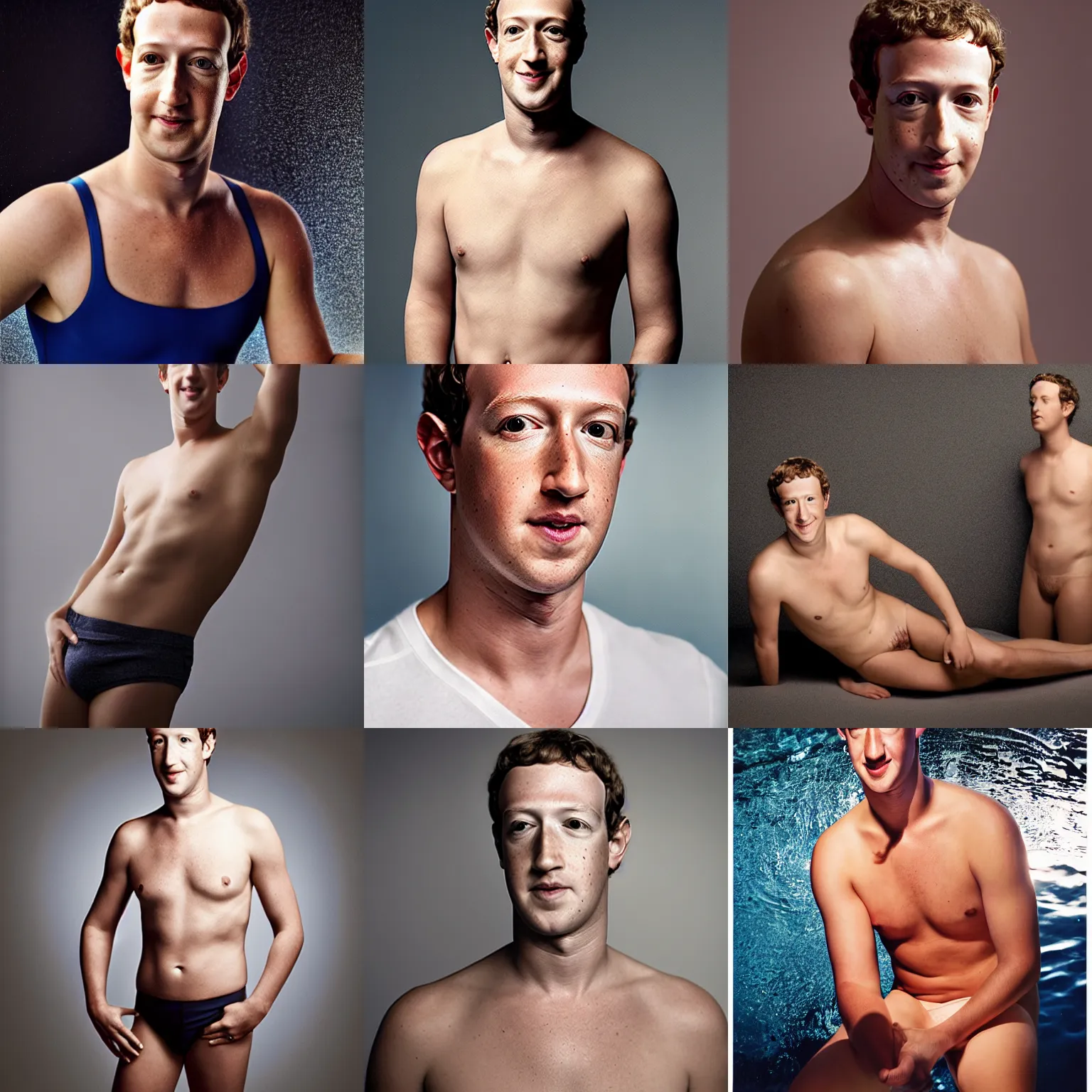 Image similar to Photo of Mark Zuckerberg in swimsuit, soft studio lighting, photo taken by Martin Schoeller for Calvin Klein, award-winning photo, 24mm f/1.4