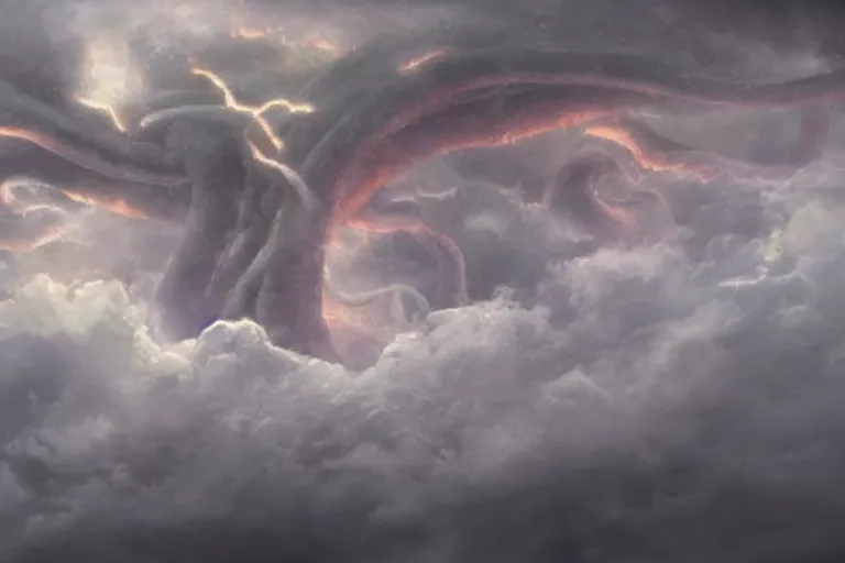 Image similar to giant tentacles descending from the clouds. End of the world.