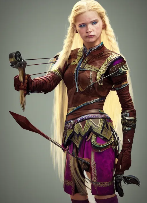 Image similar to An epic fantasy comic book style portrait painting of a young girl with long blonde hair and blue eyes. Wearing brown and magenta leather tribal combat clothes. She is holding hunting bow. Unreal 5, DAZ, hyperrealistic, octane render, cosplay, RPG portrait, dynamic lighting