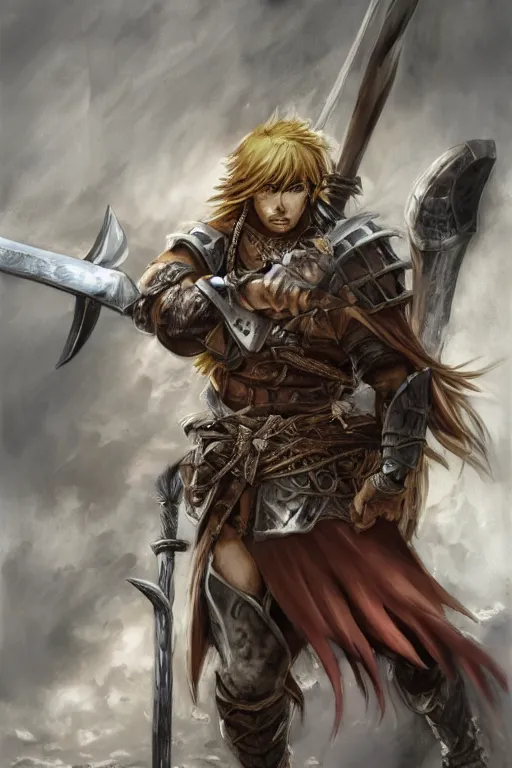 Image similar to A realistic anime portrait of a young handsome male barbarian with long wild hair, intricate fantasy spear, plated armor, D&D, dungeons and dragons, tabletop role playing game, rpg, jrpg, digital painting, by Frank Frazetta, concept art, highly detailed, promotional art, HD, digtial painting, trending on ArtStation, golden ratio, rule of thirds, SFW version