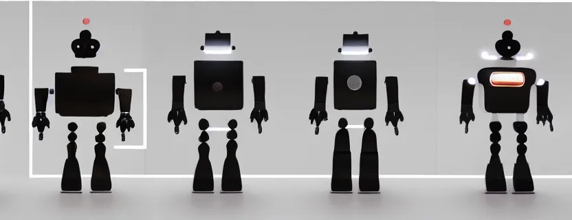 Prompt: an evolution diagram from left to right of robots, 8 k, hyper realistic. the left side robots are shorter, led lights, dancing