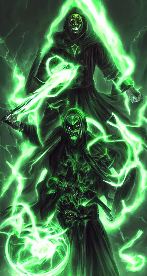 Image similar to illustration of dark priest holding green lightning, black halo, evil, power, green mist, scary, photorealistic, unreal engine, hellish background , Mtg , Dnd ,