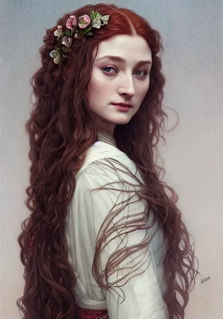 Image similar to portrait of sansa stark with roses in her long hair, intricate, elegant, highly detailed, digital painting, artstation, concept art, smooth, sharp focus, illustration, art by artgerm and greg rutkowski and alphonse mucha and william - adolphe bouguereau