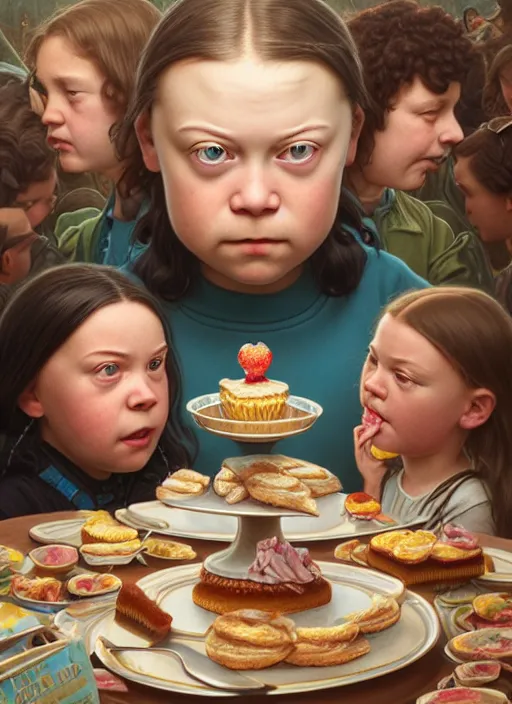 Image similar to highly detailed closeup portrait of greta thunberg eating cakes, stephen bliss, unreal engine, greg rutkowski, ilya kuvshinov, ross draws, tom bagshaw, tom whalen, alphonse mucha, nicoletta ceccoli, mark ryden, earl norem, global illumination, god rays, detailed and intricate environment