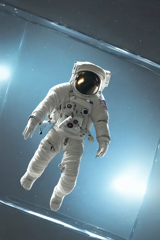 Image similar to a render of an astronaut looking at the sky through a glowing hollow square. there is shiny water reflecting everything from below. 8 k, unreal engine, blender, by caleb worcester