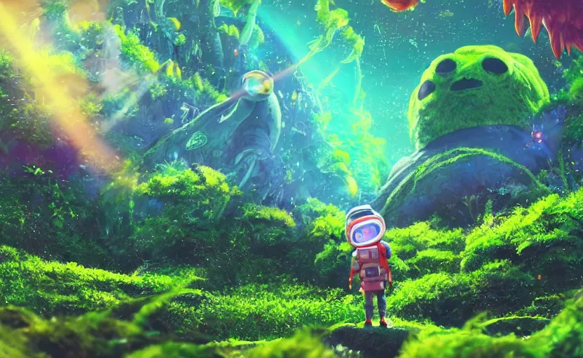 Image similar to a still of a cute adorable tiny astronaut, on a planet of lush colorful foliage, with an enormous kaiju space dragon surrounding the full background, magical forest, sharp focus, neon backlit, highly detailed, disney pixar studio ghibli makoto shinkai, digital painting, matte, octane render, global illumination, iridescent, anime, 8 k concept art