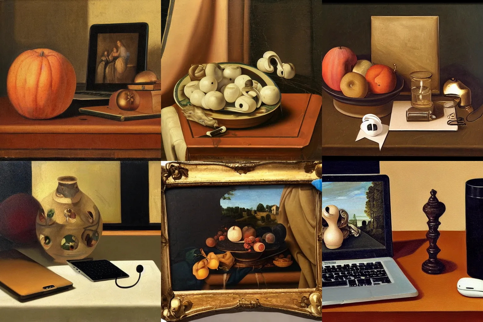 Prompt: Still life Renaissance oil painting with a laptop and airpods