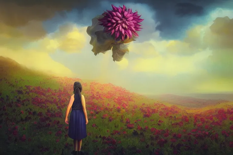 Image similar to closeup giant dahlia flower as head, girl standing on mountain, surreal photography, blue storm clouds, dramatic light, impressionist painting, digital painting, artstation, simon stalenhag