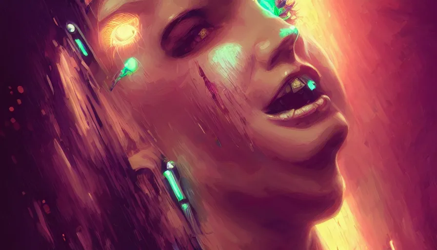 Prompt: pixelated mouth, scream, cyberpunk angry gorgeous goddess, , cigar, neon, alterd carbon, fibonacci, sweat drops, insane, intricate, highly detailed, digital painting, artstation, concept art, smooth, sharp focus, illustration, Unreal Engine 5, 8K, art by artgerm and greg rutkowski and alphonse mucha