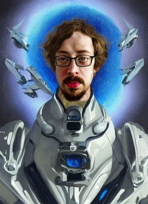 Image similar to portrait of Sam Hyde as a futuristic airforce, inside future fighter, sci-fi, fantasy, intricate, very very alpha and sigma, elegant, human anatomy, royal blue light, highly detailed, digital painting, artstation, concept art, smooth, sharp focus, illustration, art by tian zi and WLOP and alphonse mucha