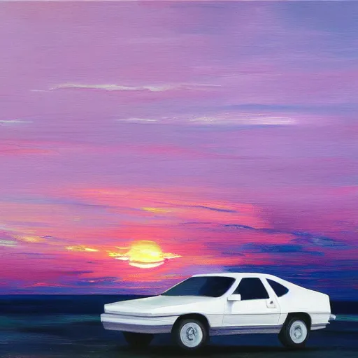 Image similar to an old white 1 9 8 0 s car parked off the road, sunset, ocean in distance, pink, oil painting, pale colors, high detail, 8 k, wide angle, trending on artstation,