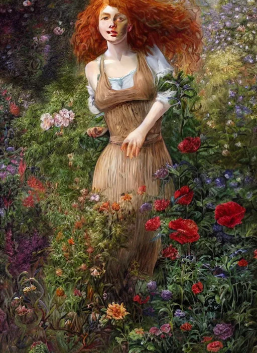 Image similar to curly redhead gardener wearing a giant flower pot as outfit physically accurate, moody dynamic lighting, very very intricate, very very elegant, highly detailed, digital painting, artstation, HR GIGER, Hieronymus Bosch, Francis Bacon, concept art, smooth, very beautiful, sharp focus, illustration, art by artgerm and greg rutkowski and alphonse mucha