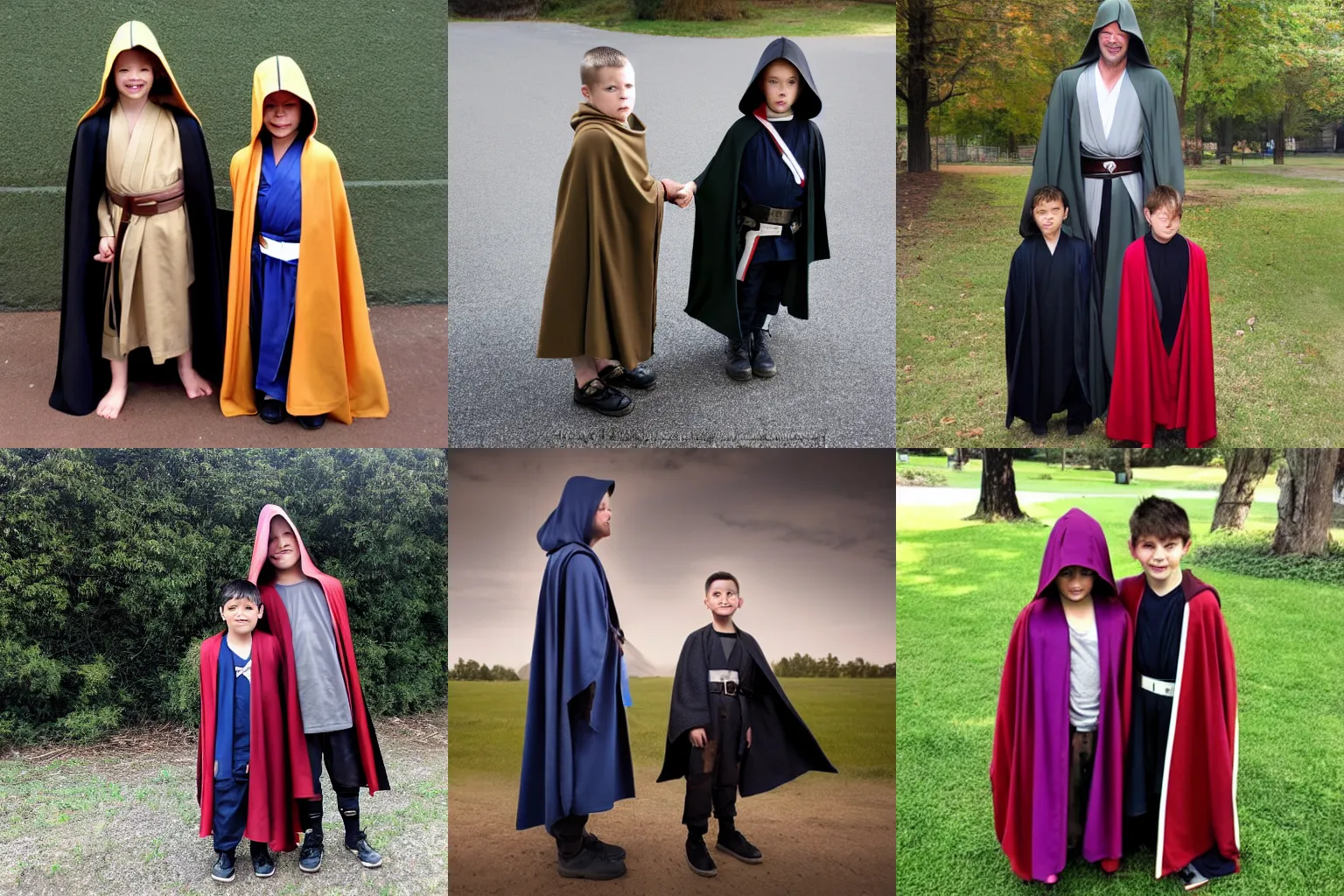 Prompt: Two kids in a Jedi cloak pretending to be a tall man