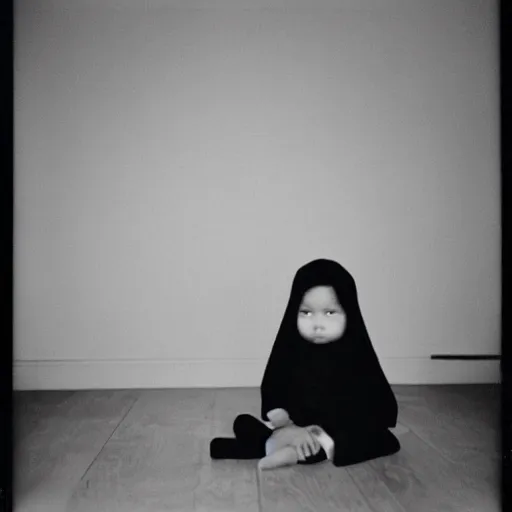 Prompt: a toddler girl sitting in a living room designed by yohji yamamoto, polaroid