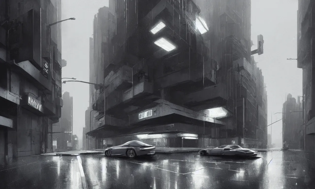 Image similar to high resolution photograph, streetscape, simple brutalist architecture, metal, concrete, wet streets, white neon lights, neon signs, flying cars, pedestrians, greg rutkowski, syd mead, ralph mcquarrie, concept art, matte painting, finely detailed, minimal artifacts, rule of thirds, dynamic lighting, cinematic, denoised, centered, artstation