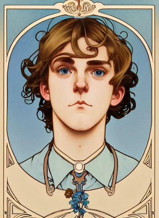 Image similar to art nouveau portrait of a pretty young man with short light brown straw blond hair, light blue eyes, sad expression, scared, head down, shy and demure, wearing a choker collar, natural lighting, path traced, highly detailed, high quality, cartoon, digital painting, by don bluth and ross tran and studio ghibli and alphonse mucha