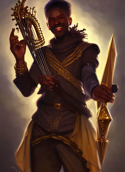 Prompt: a _ fantasy _ style _ portrait _ painting _ of black male charismatic bard playing instrument, rpg dnd oil _ painting _ unreal _ 5 _ daz. _ rpg _ portrait _ extremely _ detailed _ artgerm _ greg _ rutkowski _ greg