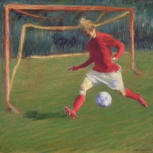 Prompt: monet painting of a skinny blonde man falling over a soccer ball, highly detailed, realistic,