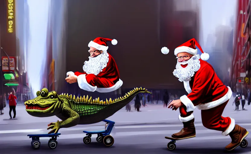 Image similar to a crocodile, dressed as santa claus, on a skateboard in the streets of new york city, concept art, digital illustration, unreal engine, trending on artstation