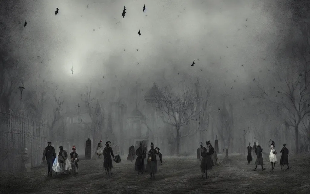 Prompt: people in victorian - era clothing strolling around people in victorian - era clothing strolling around a graveyard at night, bats flying over tombstones, bare trees, iron railing, gloomy atmosphere, digital illustration, highly detailed, cinematic lighting, perfect composition, 4 k, artem demura