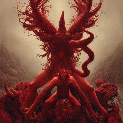 Prompt: a photographic portrait of a scarlet - colored beast with seven ( 7 ) heads and ten ( 1 0 ) horns by gustave dore and stephen hickman and allen williams, trending on artstation, cgsociety, 4 k hd, earthtone colors, a woman riding the back of the beast