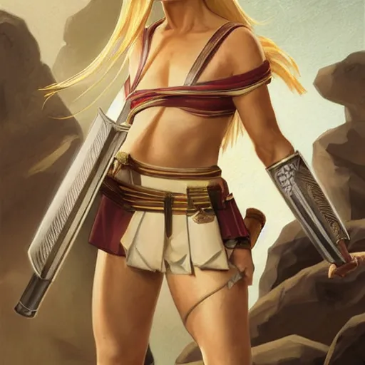 Image similar to character concept portrait of tsunade as an ancient greek soldier, tall, muscular, blonde, modestly clothed, on a battlefield, highly detailed, digital painting, artstation, concept art, symmetry, smooth, sharp focus, illustration, art by artgerm and greg rutkowski and alphonse mucha