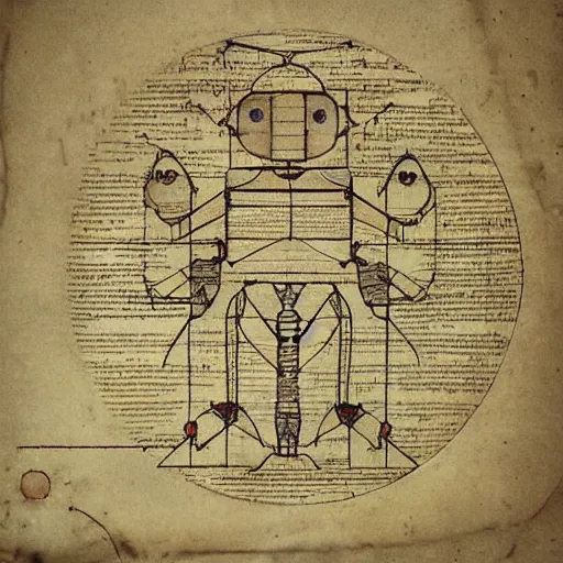 Image similar to ancient technical schematics, on parchment, by leonardo da vinci of a highly advanced futuristic robot