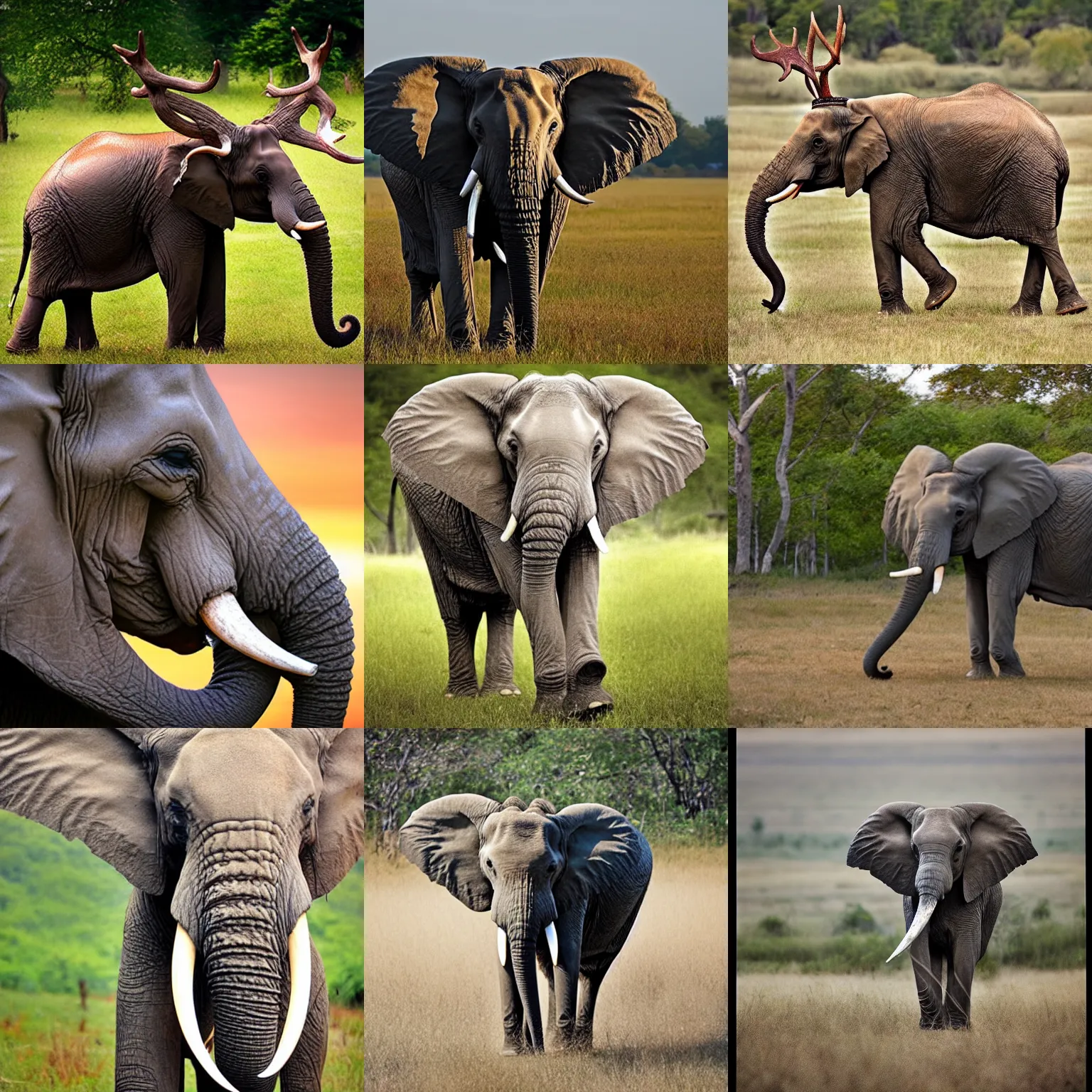 Prompt: elephant with deer horns, shot from professional camera, ultra realistic