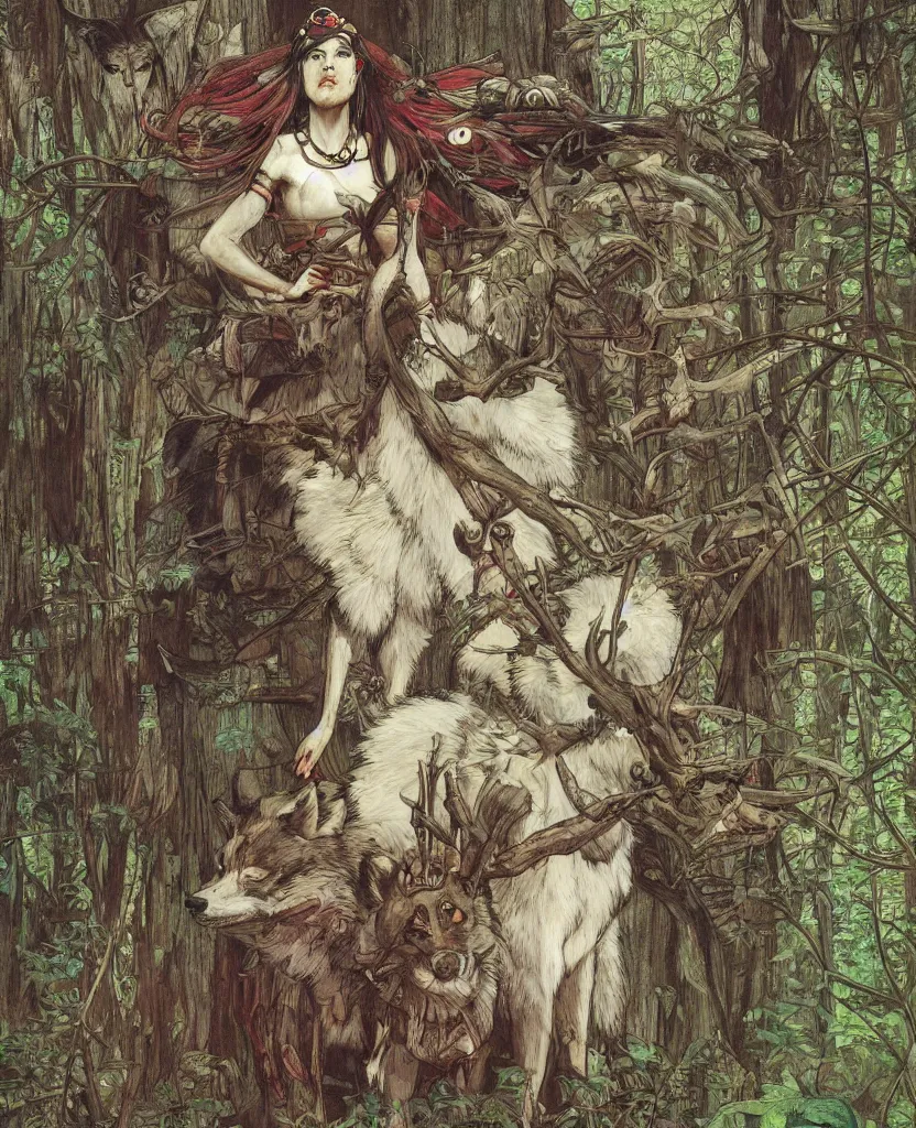 Image similar to portrait of Princess Mononoke, wolves, fully clothed in armor, lush forest, neon, concept art, schematics, painted by norman rockwell, mucha, james gurney, high detail, denoised, sharp, architectural