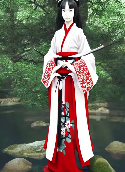 Prompt: character design, red and white kimono, samurai, dark long hair, princess cut hairstyle ， beautiful, elegant, symmetrical face, long legs, regular feet, big katana, full body, wisteria trees, realistic, uhd, unreal engine, detailed