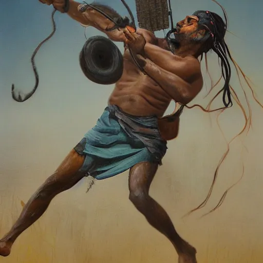 Image similar to portrait of head and body, single bangla farmer fighting on hoseback, hand to hand combat with machete, wielding machete, full body view, long flowing hair, fighting for his life, nebula aura surrounding subject, horseback combat attacker foreground, background of invading army, nestor canavarro hyperrealist art style, sharp outlines