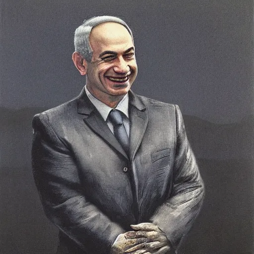 Prompt: a portrait of benjamin netanyahu grinning, by beksinski