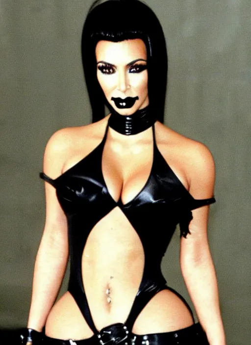 Prompt: candid photo of kim kardashian as a gothic vampire in the 1990s