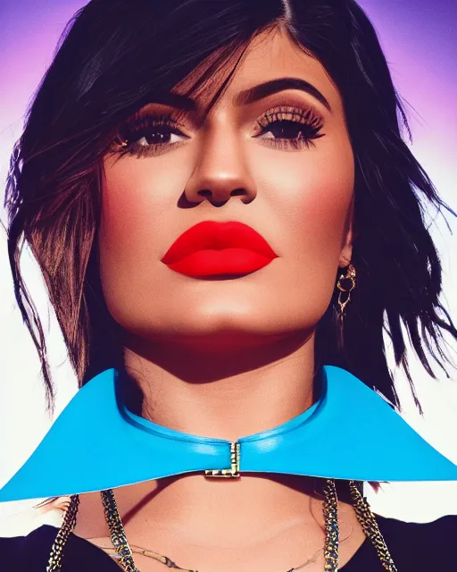 Prompt: film still of kylie jenner wearing a collar and chain, vibrant high contrast, octane, arney freytag, cinematic, portrait, backlit, rim lighting, 8 k