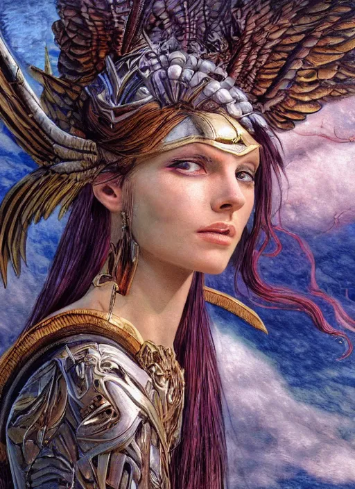 Prompt: biblical diabolical beautiful female valkyree android, on a pegasus, jump, heavy eyes to the side, closeup, bright glowing veins, in clouds, rain, sunset, portrait, by gerald brom, by mikhail vrubel, by peter elson, muted colors, extreme detail, reflections, trending on artstation, 8 k