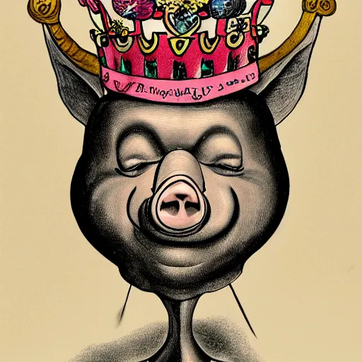 Prompt: caricature of flying pig wearing a crown by salvador dalí, trending on art station, 4K