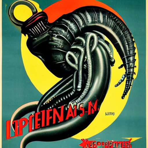 Image similar to 1930s poster of a xenomorphic worm